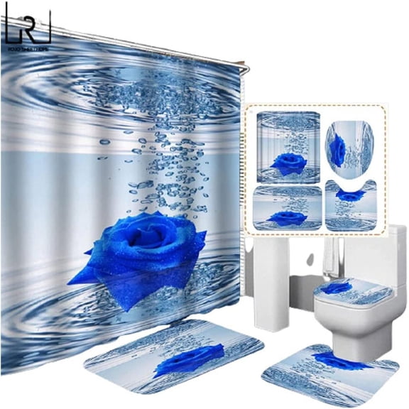 Blue Red Pink Rose Print Shower Curtain Sets with Hooks, Bathroom Mat Set Anti-Slip Soft Bath Carpet Lover Valentines Home Decoration (4PCS Set-B)