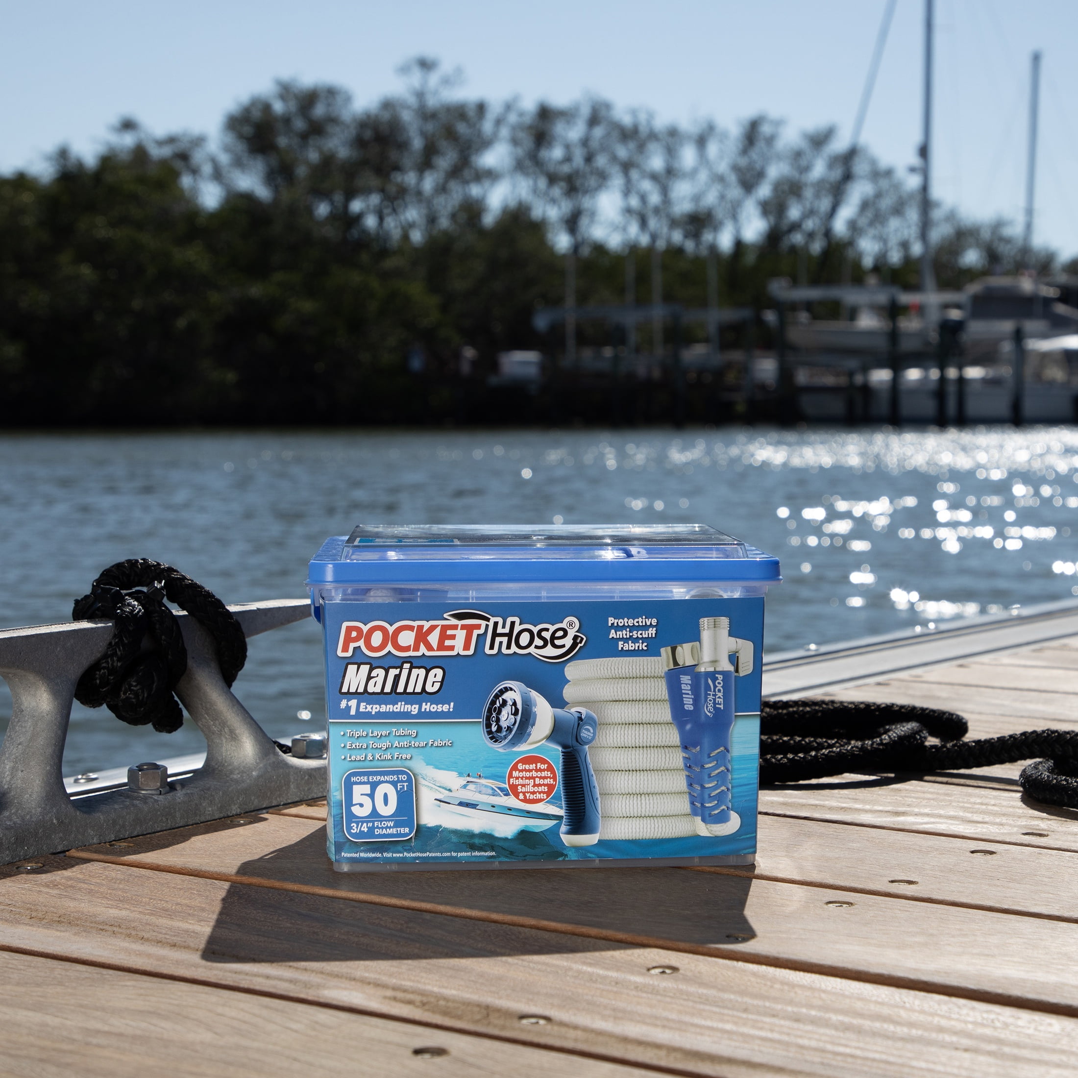 Pocket Hose Marine 3/4 in 50 ft, Medium Duty Expandable Aluminum Fittings RV Marine Hose, White