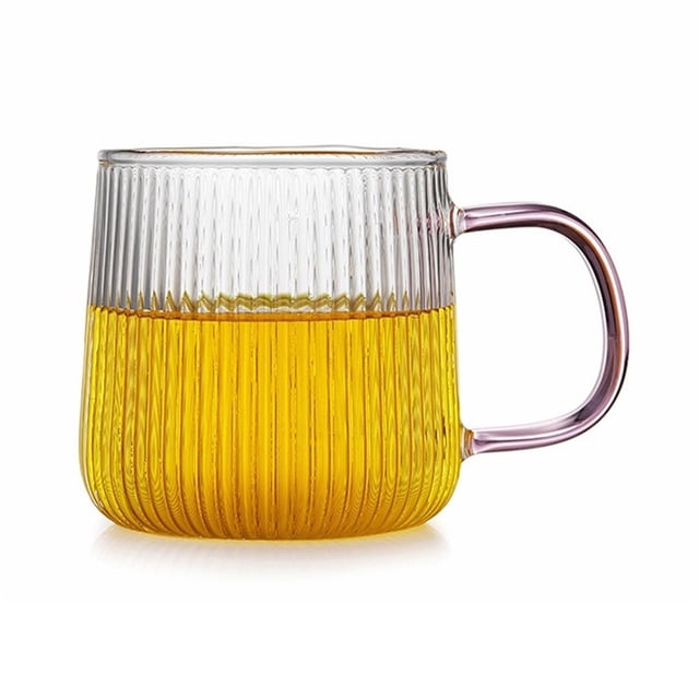 Taza de vidrio con rayas verticales y asa colorida, 320 ml, de vidrio borosilicato transparente.