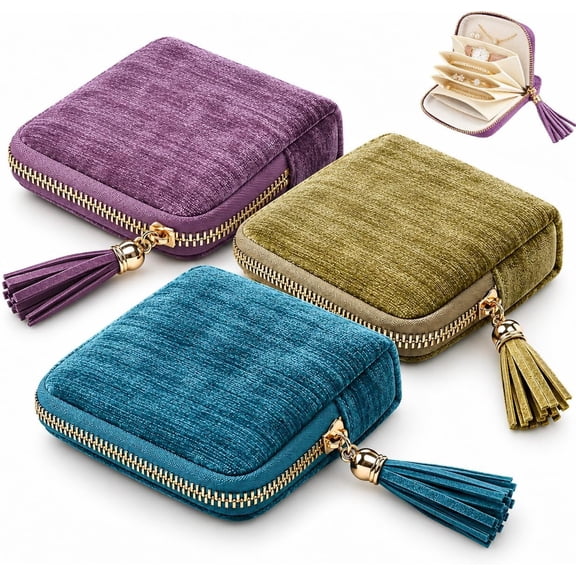 3pcs New Model Jewelry Zipper Pouch, Soft Velvet Jewelry Case with Tassel, 6 Individual Pockets for Travel Jewelry Organizer