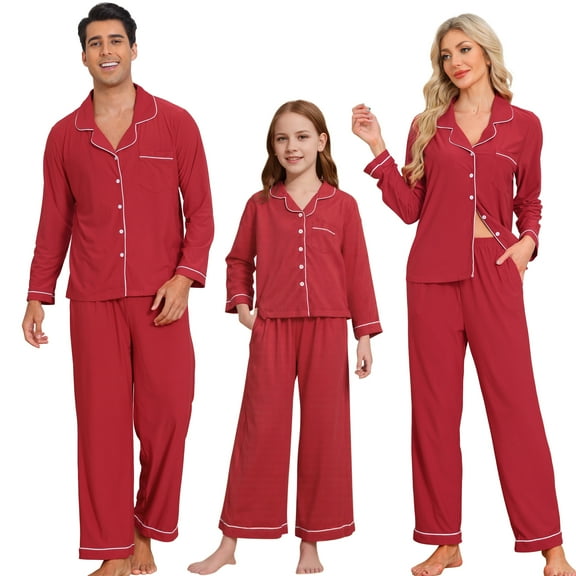 INSPIRE CHIC Christmas Matching Button Down Long Sleeve Top with Pants Family Pajama Sets M Red ["Men"]