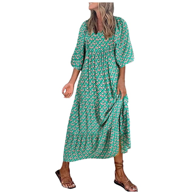 Robe de Mode pour Femmes Imprimé Boho Manches Mi-Longues Robe Col en V Bretelles Robe Ample Robe Longue Robe de Vacances