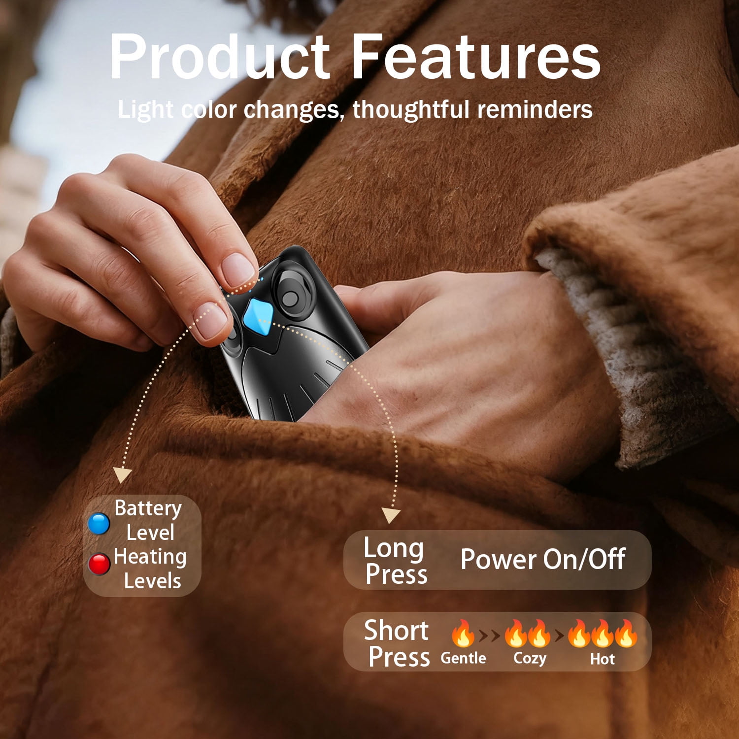 60Hrs heat  rechargeable hand warmers & case! 1s instant warmth, 3 settings, & magnetic design. Ideal for hiking, skiing