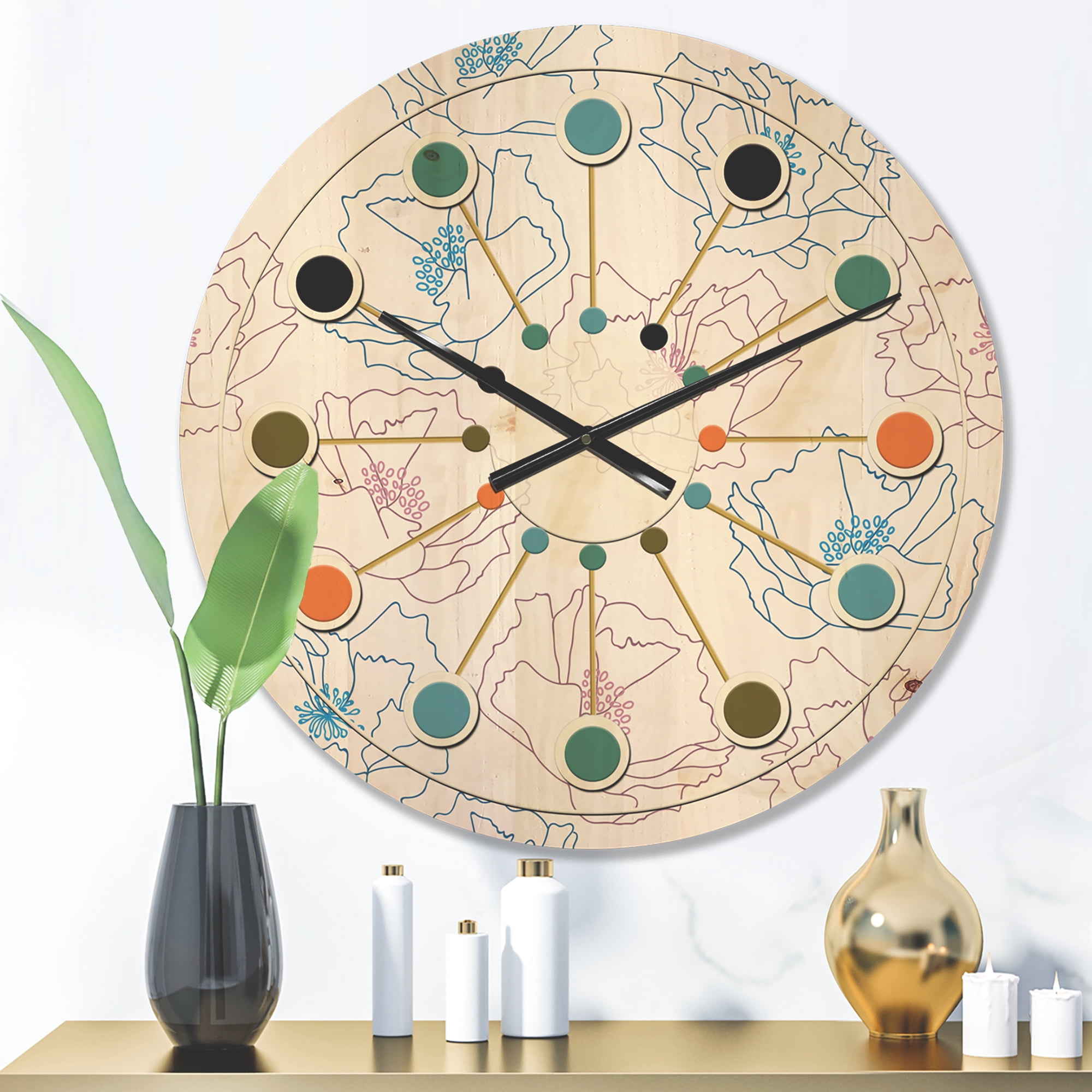 Designart 'Retro Abstract Poppies I' Mid-Century Modern Wood Wall Clock