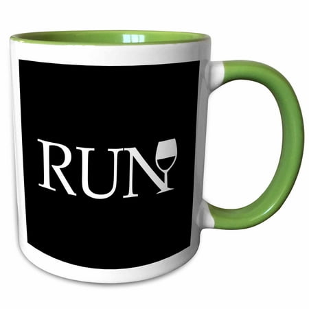 3dRose Black Run for Wine - typography word with wine glass - runner fun running club race racing marathon - Two Tone Green Mug,