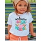 thumbnail image 1 of Girls' Back to School Graphic T-Shirt - First Day of School outfit with Welcome Text - Soft Stretch Knit Fabric - Regular Fit Casual everyday & Classroom Wear, Playful Design, Short Sleeve Shirt, 1 of 7