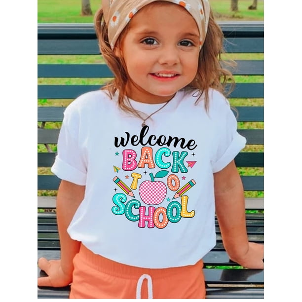 Girls' Back to School Graphic T-Shirt - First Day of School outfit with Welcome Text - Soft Stretch Knit Fabric - Regular Fit Casual everyday & Classroom Wear, Playful Design, Short Sleeve Shirt