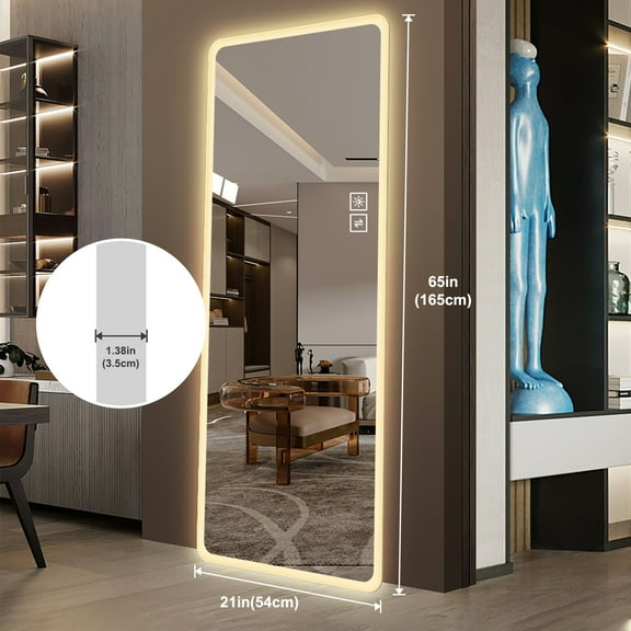 22 in. W x 65 in. H Rectangle Frameless LED Full Length Mirror Wall-Mounted Full Body Dressing Mirror Dimming 3-Color