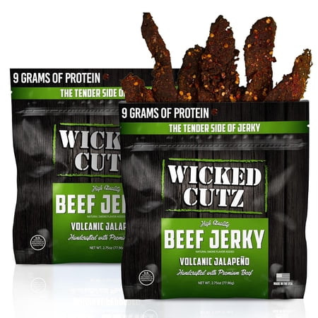 Wicked Cutz Premium Tender Beef Jerky, High Quality, Volcanic Jalapeno, 9g Protein, 2.75 oz, 2-Pack