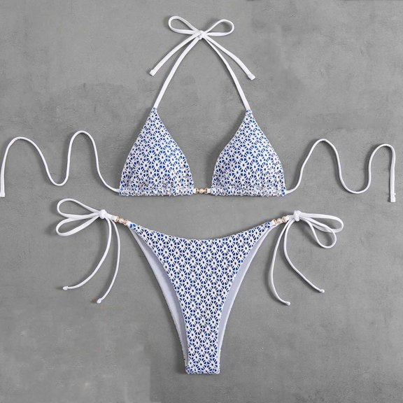 Awdenio 2 Piece Swimsuit for Women Triangle Bikini Set String Swimsuit Print Tie Smocked Ruched Two Piece Bathing Suit