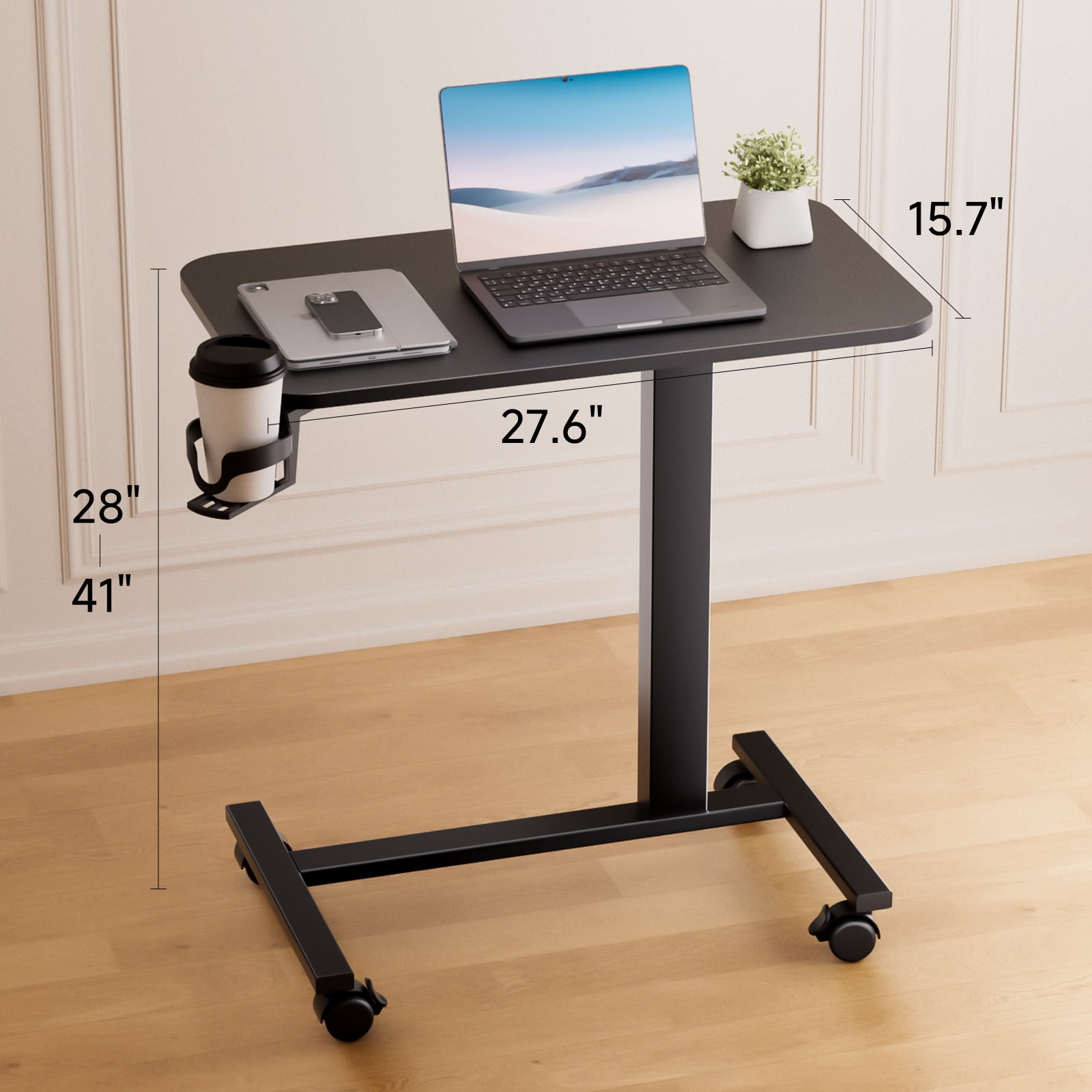 EXRACING Pneumatic Standing Overbed Desk with Lockable Wheels, Height Adjustable Rolling Laptop Table for Home & Hospital, Black