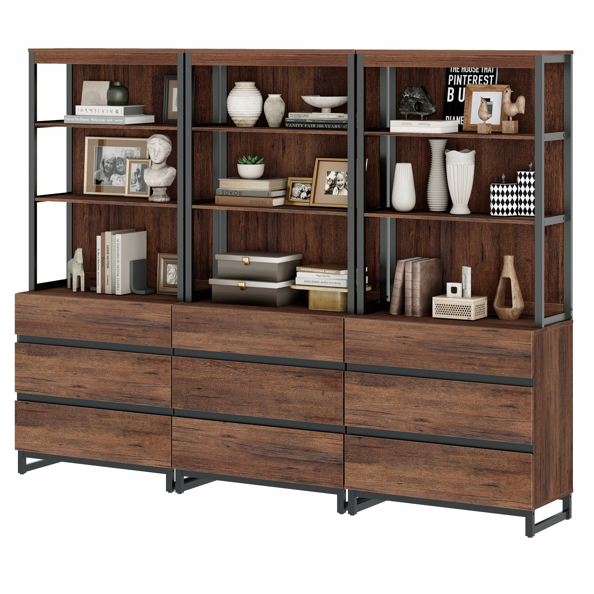 WAMPAT 3-Piece Modern 72" Tall Freestanding Bookcase，9 Drawers, Open Shelves & Storage Cabinet with Metal Base，Wood Library Bookshelf for Home Office & Living Room