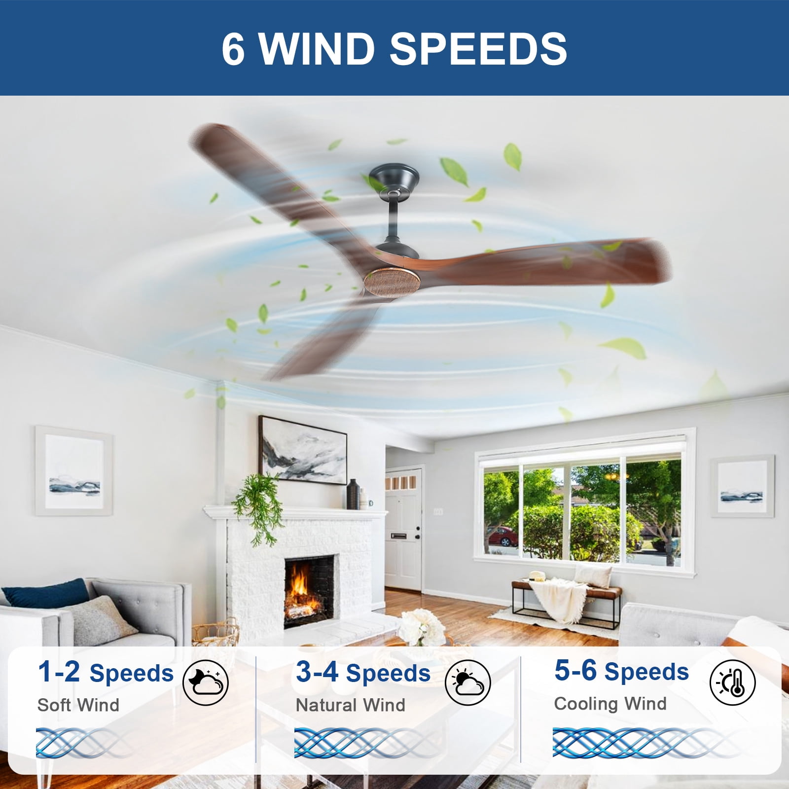 DingLiLighting Ceiling Fan Without Light: 52 Inch Walnut Ceiling Fan No Light Remote APP Control - 3 Blade Ceiling Fans for Indoor Outdoor Ultra Quiet DC Motor Reversible 6 Speed Timer