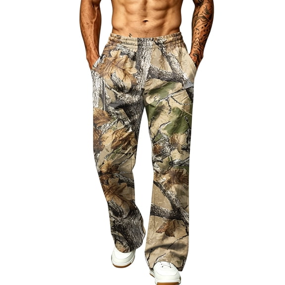 LTTVQM Woodland Camo Wide Leg Sweat Pants Lakeside Trek Realtree Camo Loose Fit Multi Side Pockets Mens Fishing Wide Leg Full Length Trousers Bronze L