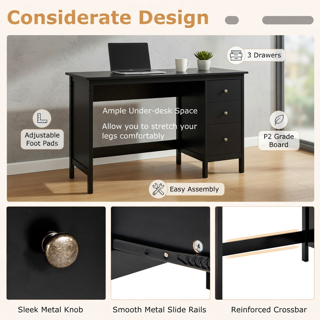 Yardi Yard 3-Drawer Home Office Study Computer Desk with Spacious Desktop-Black, Computer Desk, Gaming Computer Desks for Study,Working,Writing