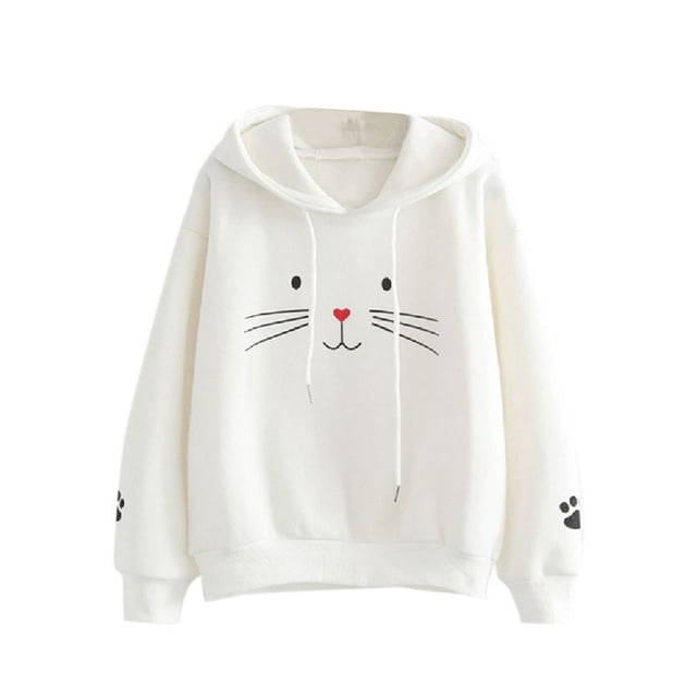 Femmes Coton Sweat-Shirts Pull-Over Chat Motif à Manches Longues Pull-Over à Capuche Sweat-Shirts Noir L