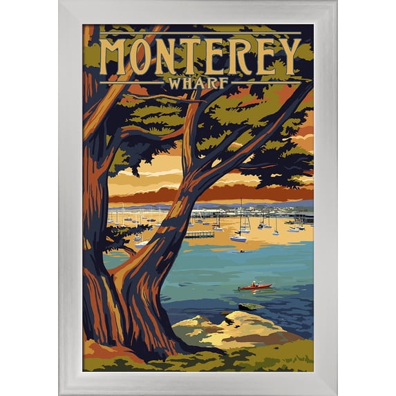 Monterey Wharf, California - Coastal Scene - Lantern Press Artwork (12x18 Giclee Art Print, Gallery Framed, Silver Wood)