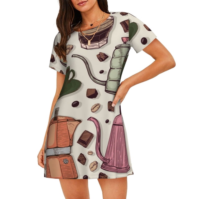 Easygdp Vintage Coffee Camisón de manga corta para mujer, informal, estampado