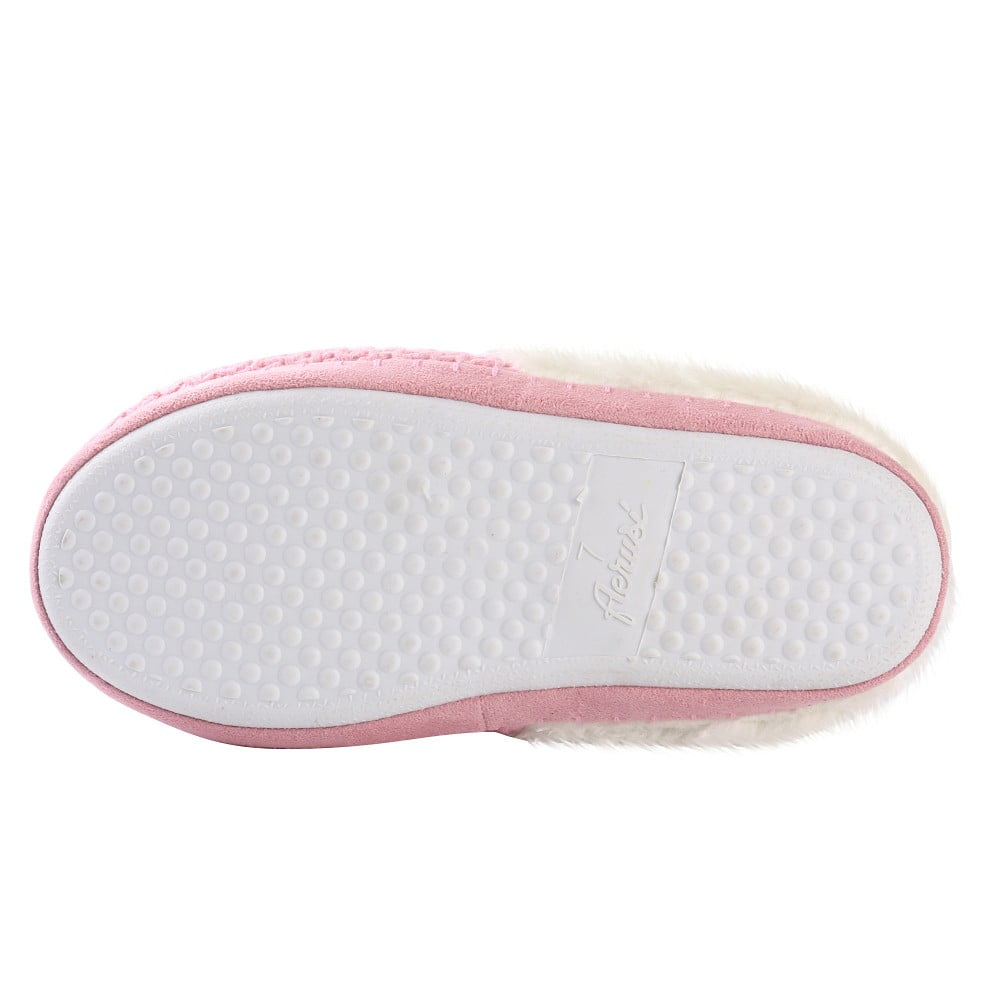 Women's Cozy Woven Knit Soft Plush Slippers with No-Slip Rubber Sole For Indoor, Outdoor, Spa Use (Pink)