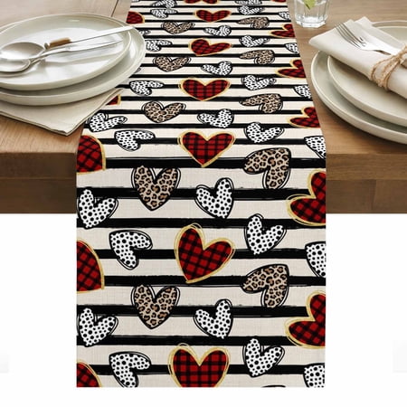Valentine s Day Table Runner - 36 Inch Long Kitchen Dining Table Runner Dresser Scarves Love Heart Leopard Dots Retro Stripes Farmhouse Decor for Coffee Tables Wedding Party Banquet