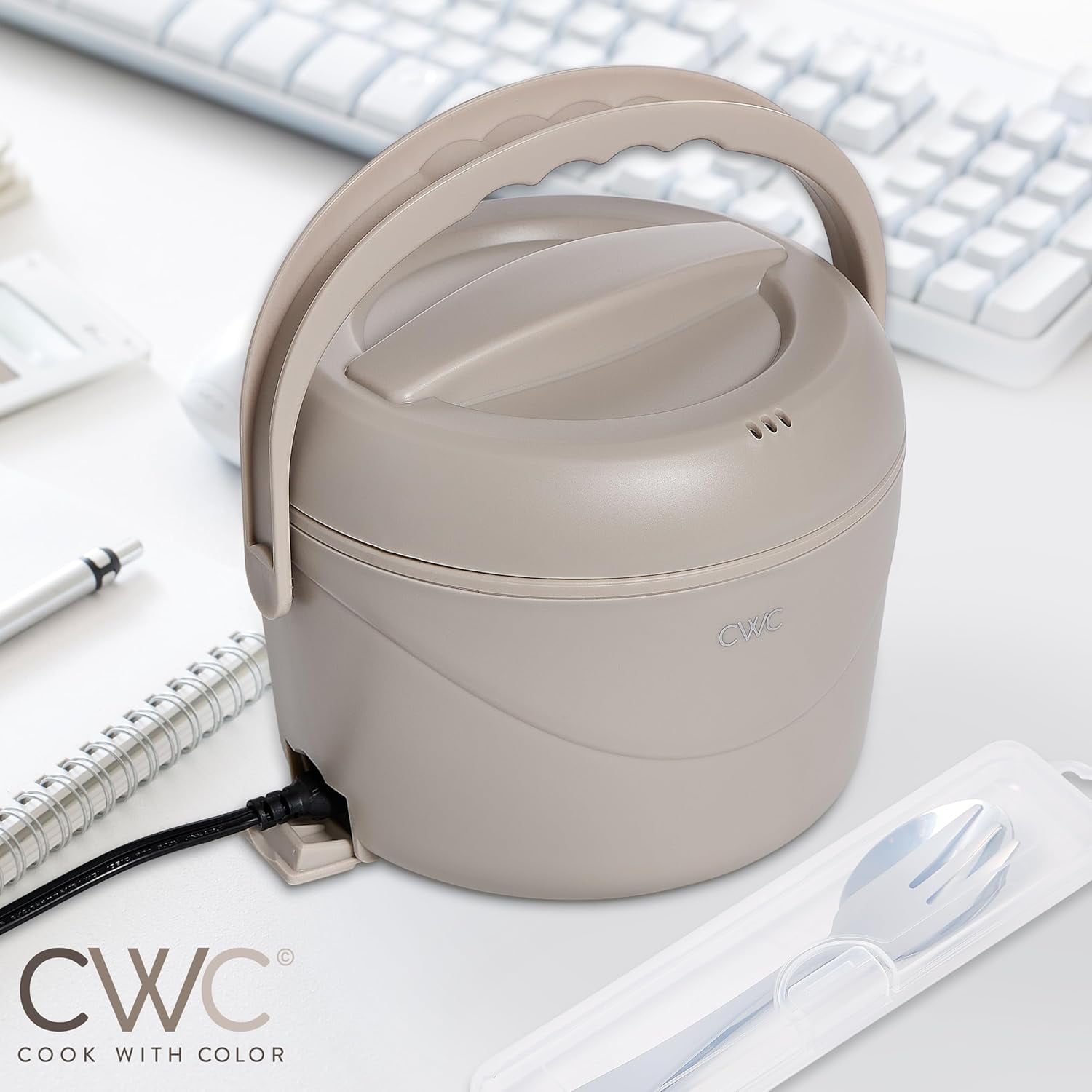 COOK WITH COLOR Round Electric Lunch Box Portable Food Warmer, 1.1L Capacity, Sand