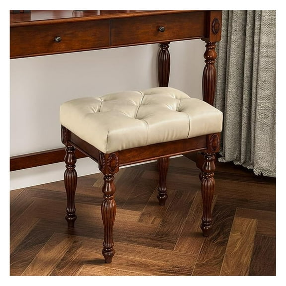Leather Ottoman Foot Stool, Solid Wood Vanity Stool - Tufted Ottoman with Carved Legs, Vintage Style for Bedroom, Living Room - Beige, 1533BG