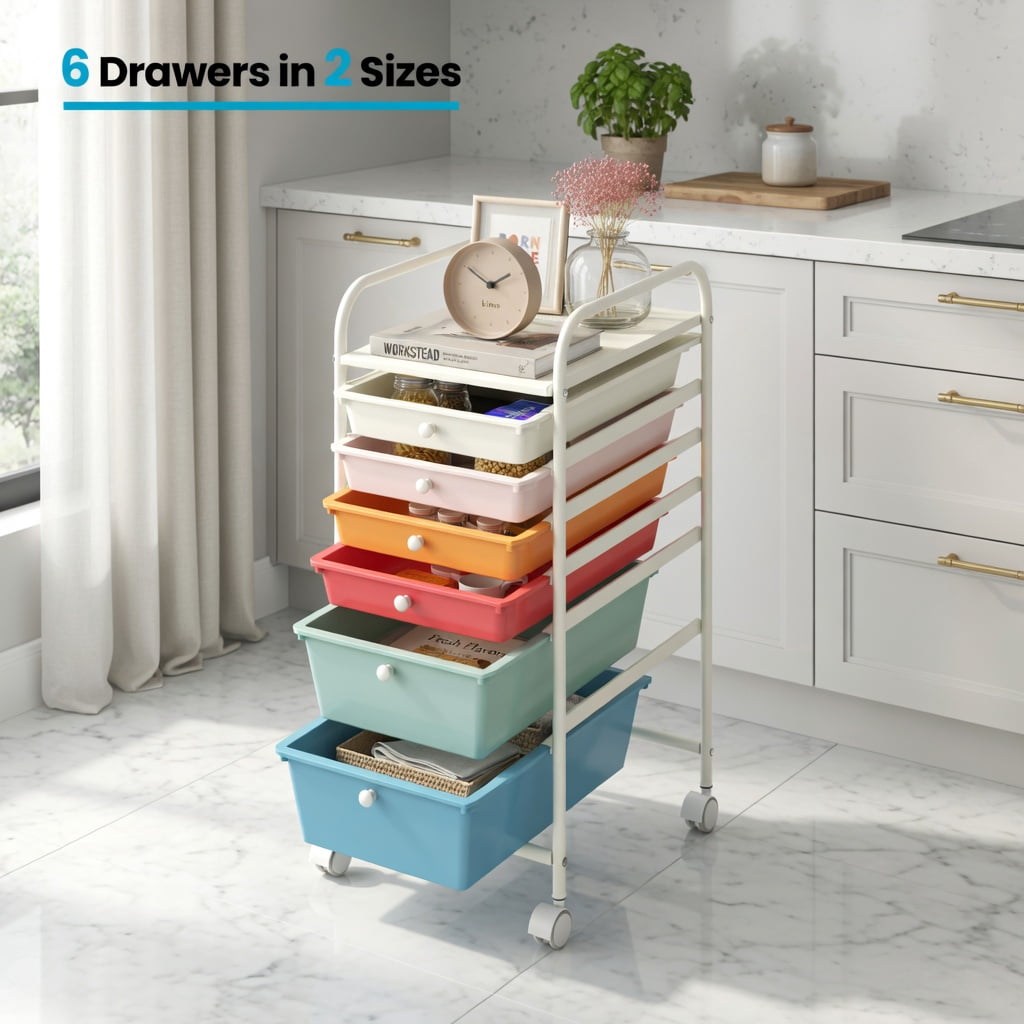 Spaco 6 Drawers Rolling Storage Cart Organizer-Macaron, Craft Organizers and Storage, Multipurpose Organizer Cart for Home, Office, School