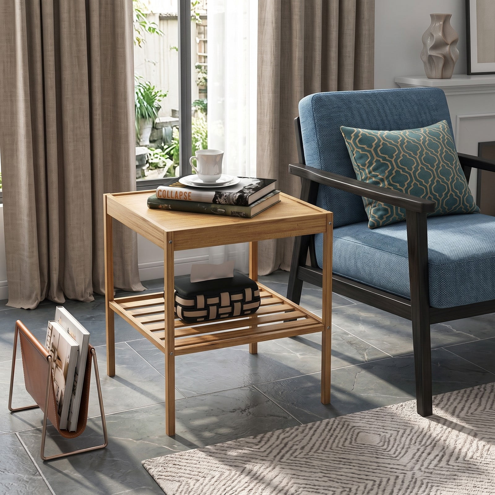 Furnibear 2 Tier Bamboo Nightstand Set of 2 with Open Shelf and Solid Tabletop for Bedroom and Living Room, Wood End Table, Natural