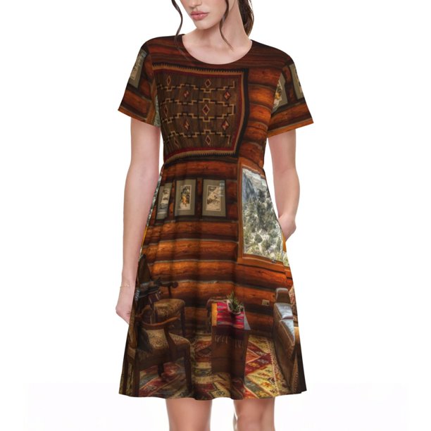 Easygdp Log Cabin Inside para Vestido Transpirable de Mujer, Vestido Suelto de Manga Corta con Pliegues y Bolsillos para el Verano