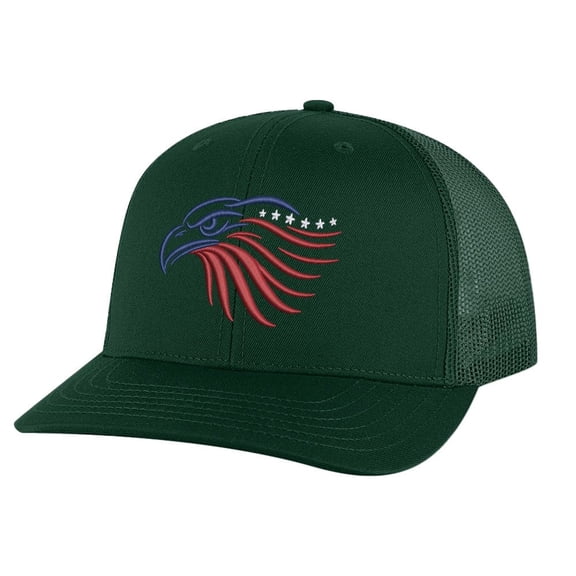 Eagle Trucker Hat - Embroidered Eagle Head in Red, White & Blue, Patriotic Snapback Cap, USA Pride Gift for Men & Women (AlpineGreen)