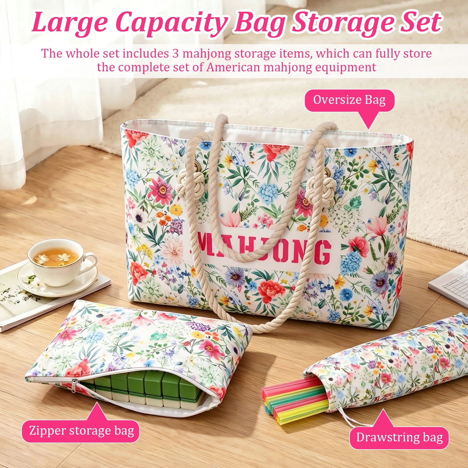 Floral Mahjong Storage Bag Set 3 Piece Organizer with Large Tote Tile Pouch and Drawstring Bag for American Mahjong Tile Rack and Accessories