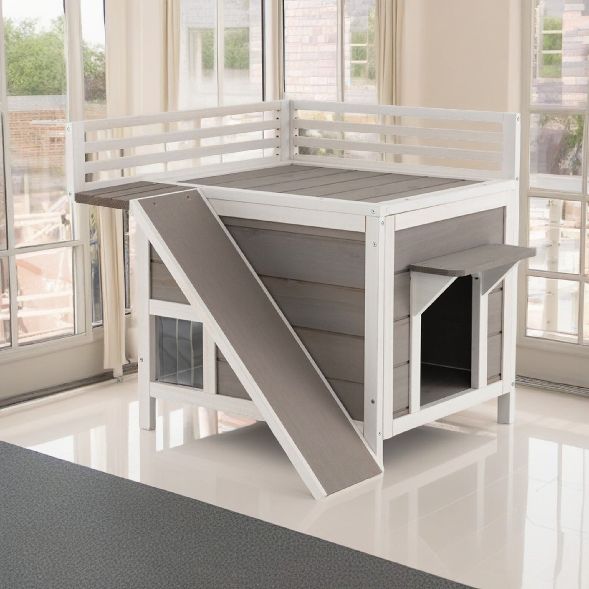 Kadyn 27" Cat House for Outdoor Cats, Weatherproof Cat Shelter with Escape Door, 2 Story Wood Cat Condo with Ladder, Gray