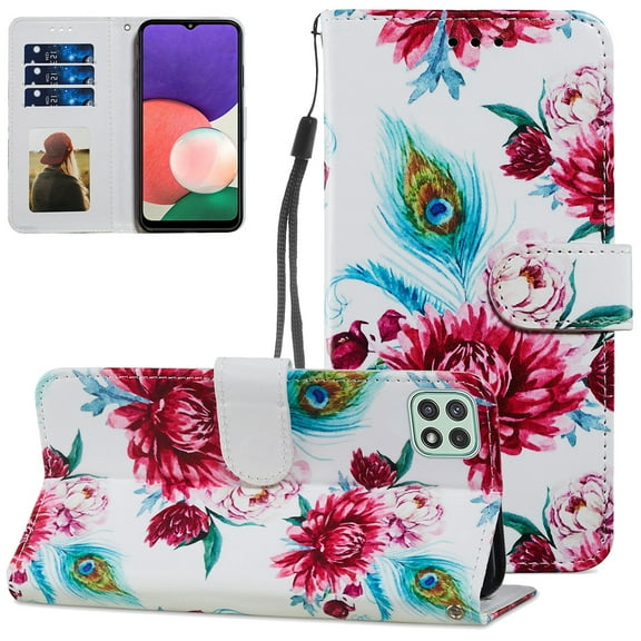 Compatible with Galaxy A22 5G Case 6.6 inch, Allytech Premium PU Leather Hand Strap Card Slots Soft TPU Shockproof Fold Stand Magnetic Snap Case for Samsung Galaxy A22 5G(NOT for 4G), Peacock Flower
