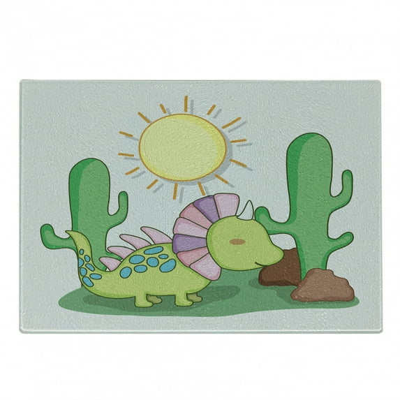 Dino Cutting Board, Styracosaurus Prehistoric Animal Breed Sun and Cactus Plants Cartoon, Decorative Tempered Glass Cutting and Serving Board, in 3 Sizes, by Ambesonne