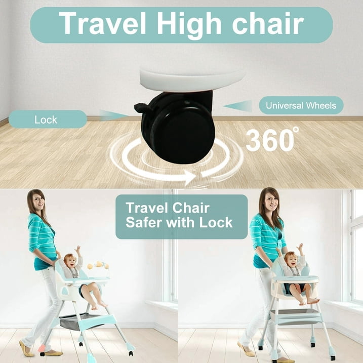 PUEDO 4-in-1 Baby High Chair Portable Toddler Dining Chairs Eat & Play Convertible Highchair with Adjustable Tray, Green