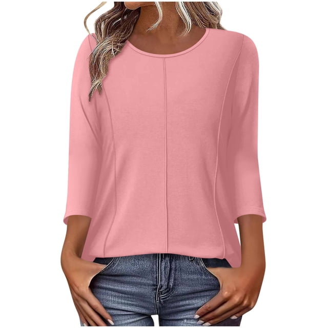 Floleo Haut pour Femme à Col Rond, Manches 3/4, Couleur Unie, Ligne, Décontracté Quotidien Polyvalent, Sport de Plein Air, Indispensable pour le Printemps et l'Été (Rose, 2TG)