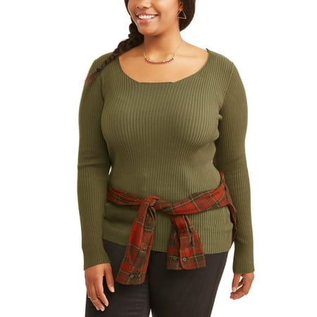 Juniors' Plus Long Sleeve Scoop Neck Criss Cross Back Top