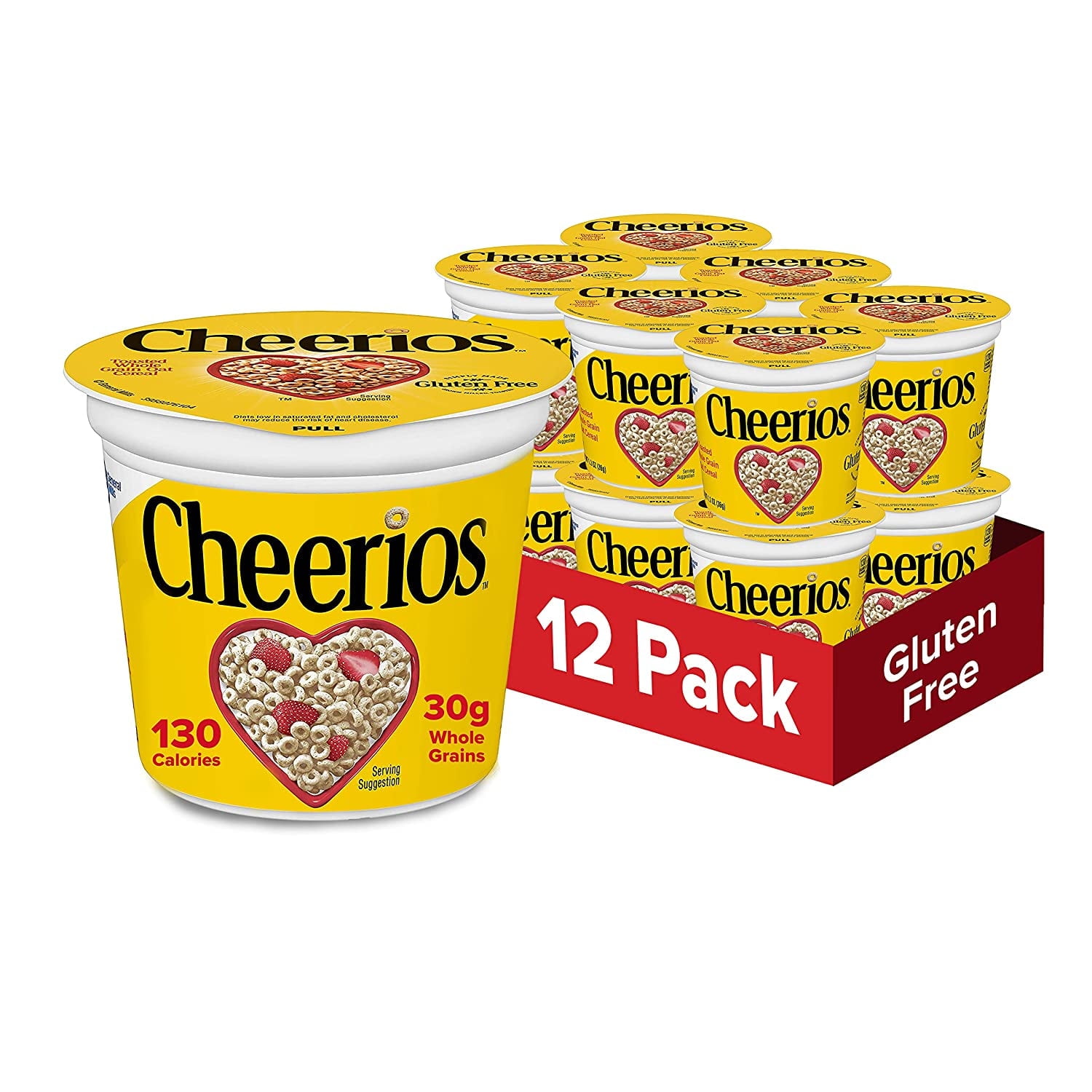 Original Cheerios Heart Healthy Cereal in a Cup, Gluten Free Cereal with Whole Grain Oats, Single Serve Cereal Cups, 1.3 oz (Pack of 12)