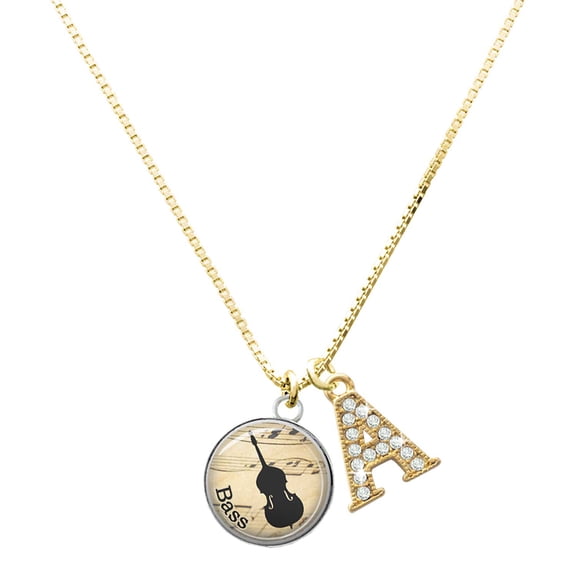 Delight Jewelry Silver-tone Domed Music - Bass - Large Goldtone Crystal Initial - A - Charm Necklace, 17.5" 2"