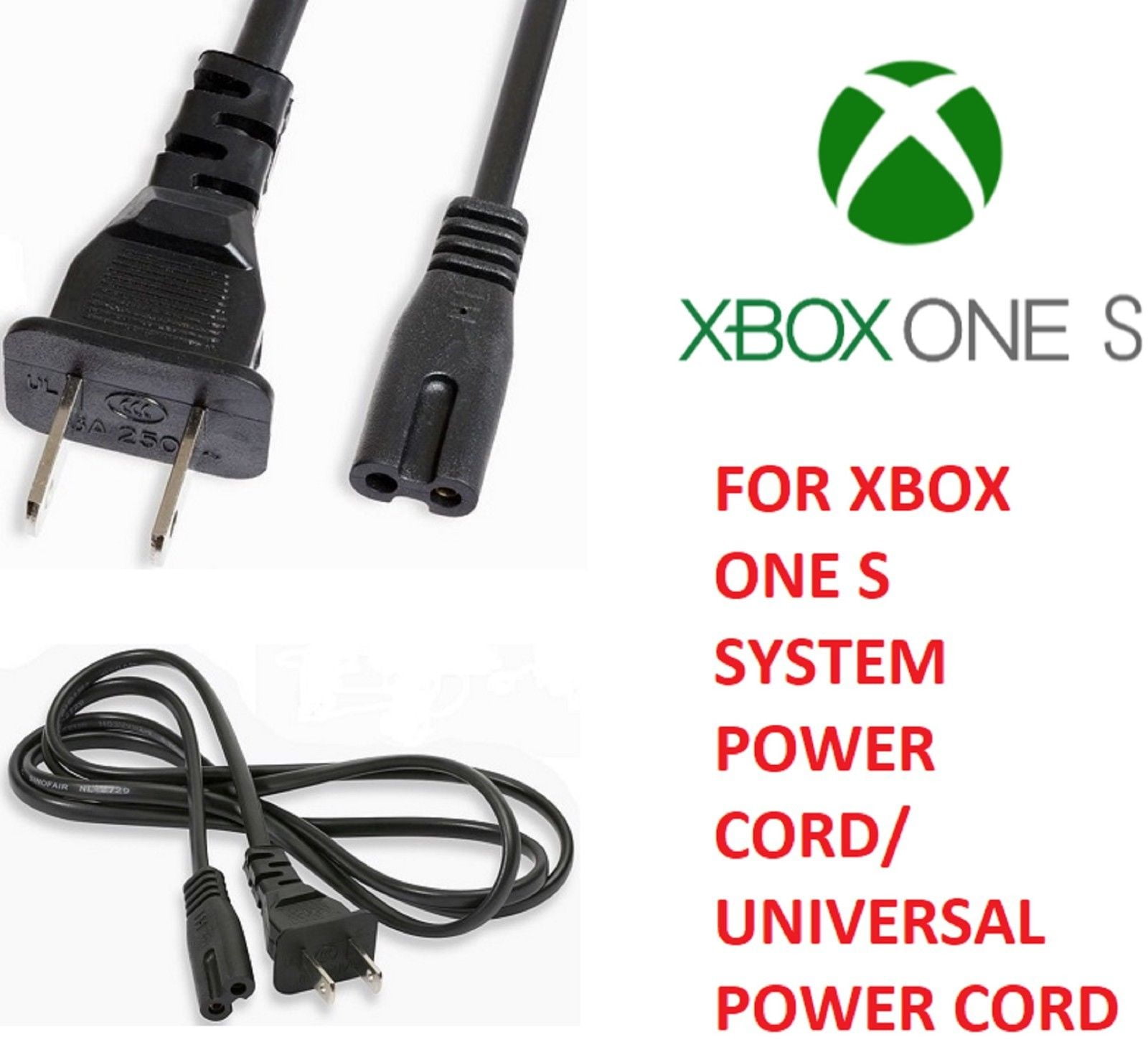 PlayStation 4 Pro Xbox 360 2-Prong 6 Feet Gaming AC Power Cord For Xbox One