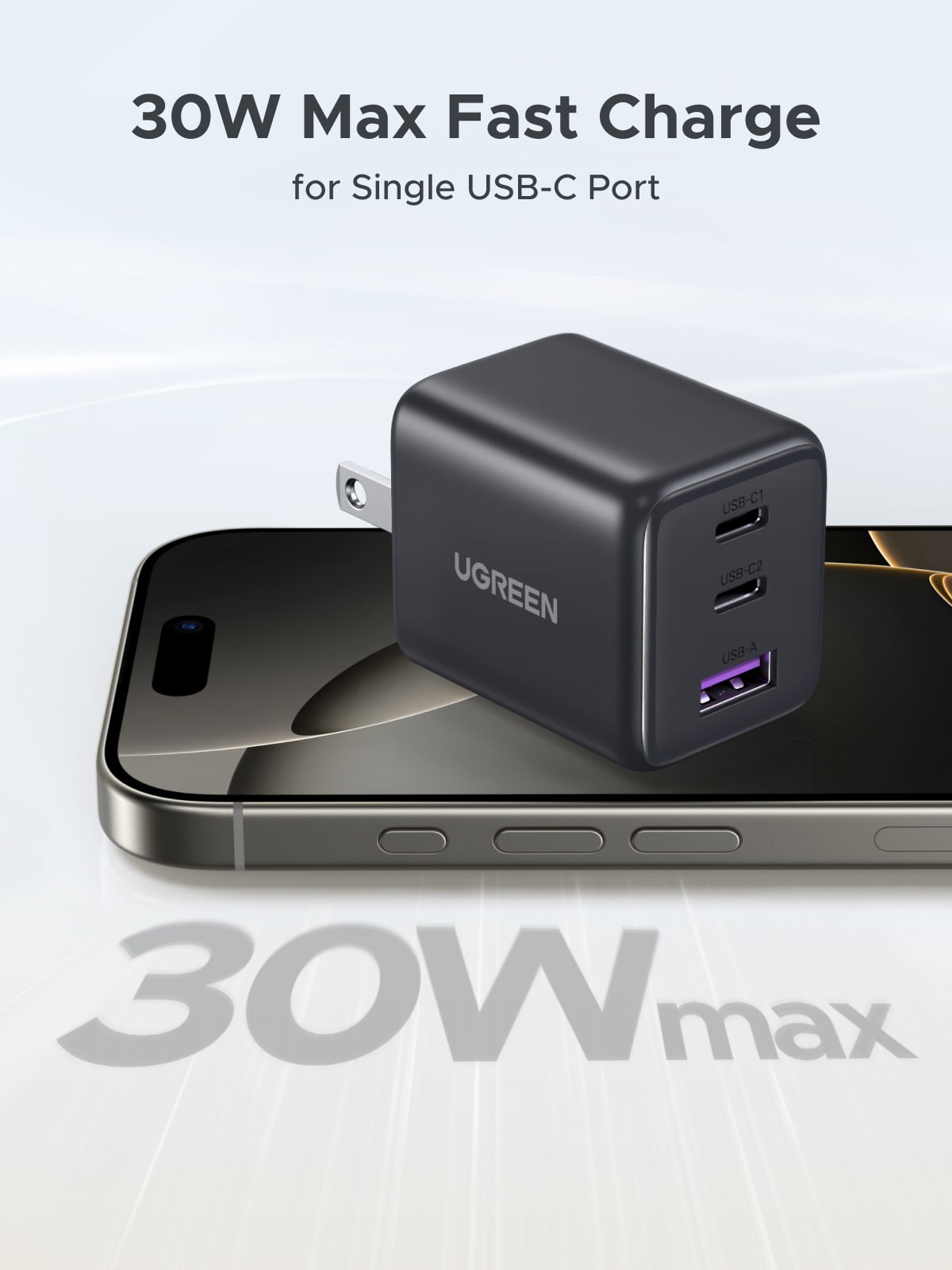 UGREEN 30W USB C GaN Charger with 3 Ports, Fast Wall Charger Block for Cell Phone and Tablet, Black