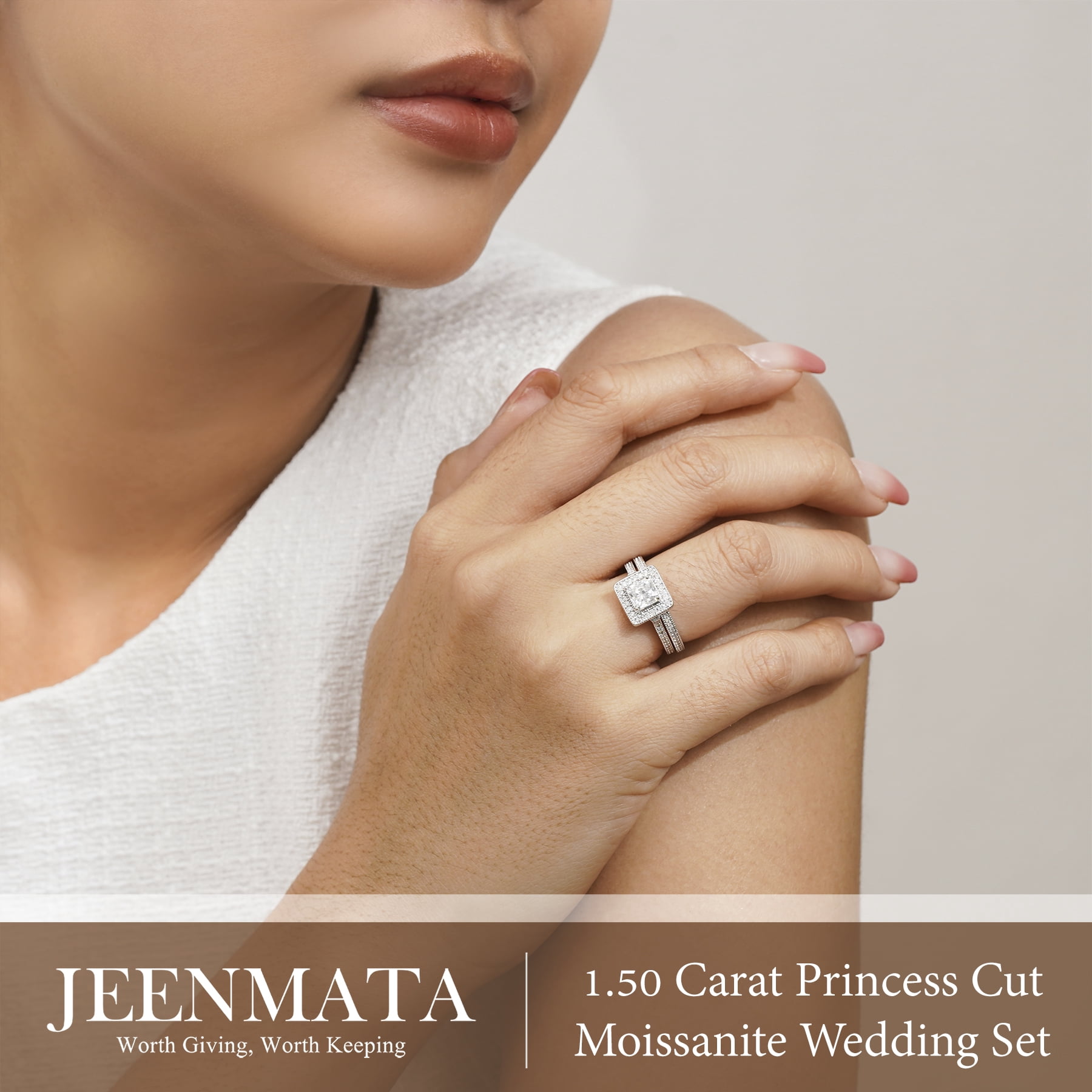 JeenMata 1.5 Carat Princess Cut Moissanite Wedding Set - Bridal Set - Milgrain Ring - Vintage Ring - Halo Ring - 18K White Gold Plating for Women