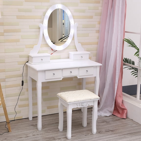 Modern Makeup Vanity Set with Lights and Mirror, Vanity Desk with 5-Drawers and Stool, White/Black