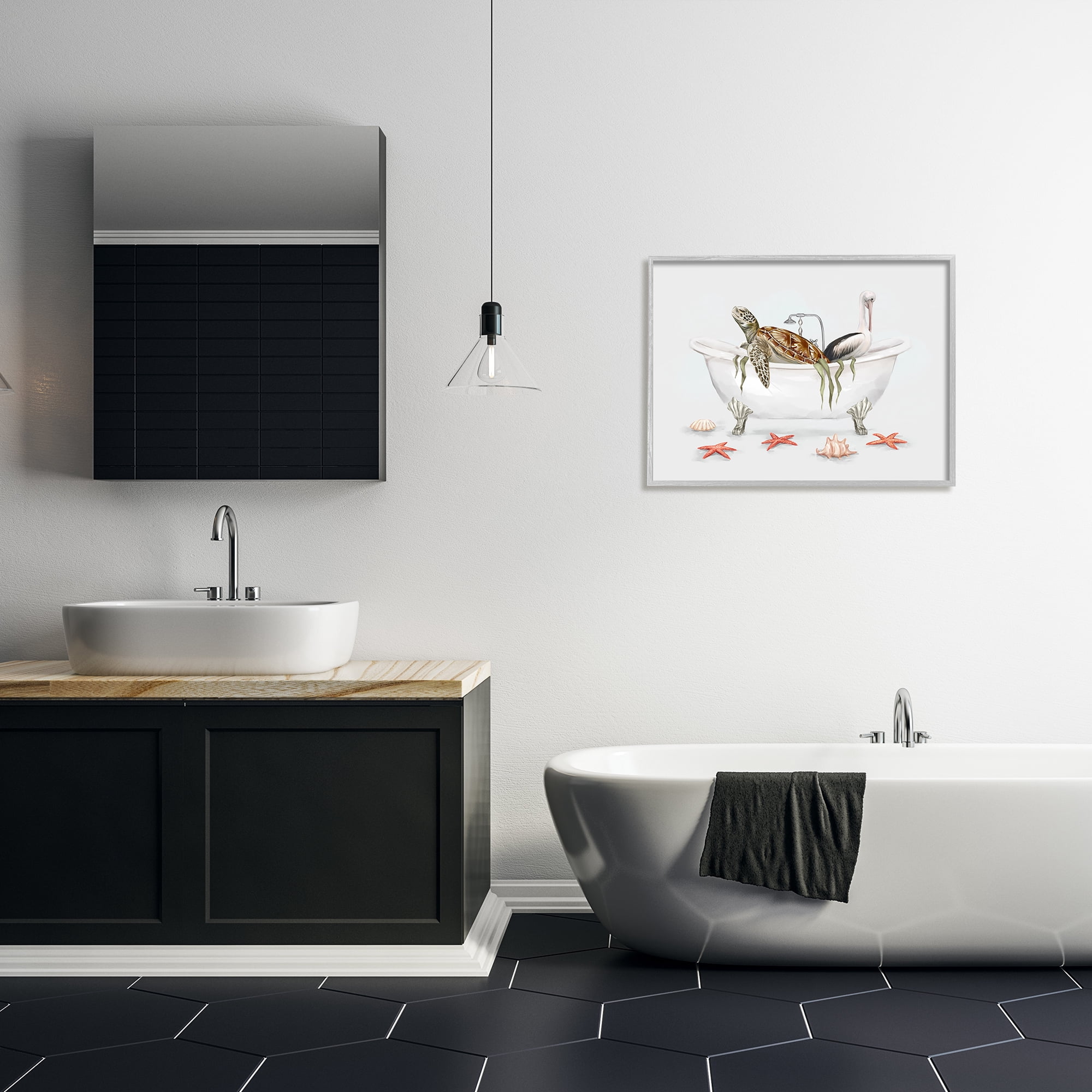 Stupell Industries Turtle & Pelican in Tub Animals & Insects Painting Gray Framed Art Print Wall Art, 30 x 24