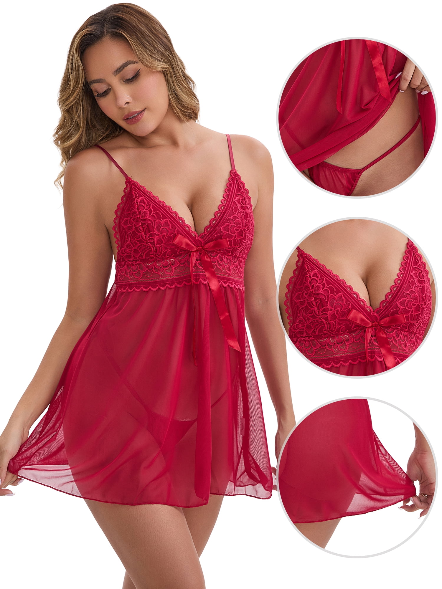 DARING DIVA Women's Lace Deep-V Adjustable Spaghetti Straps Full Slip Teddy M Wine Red