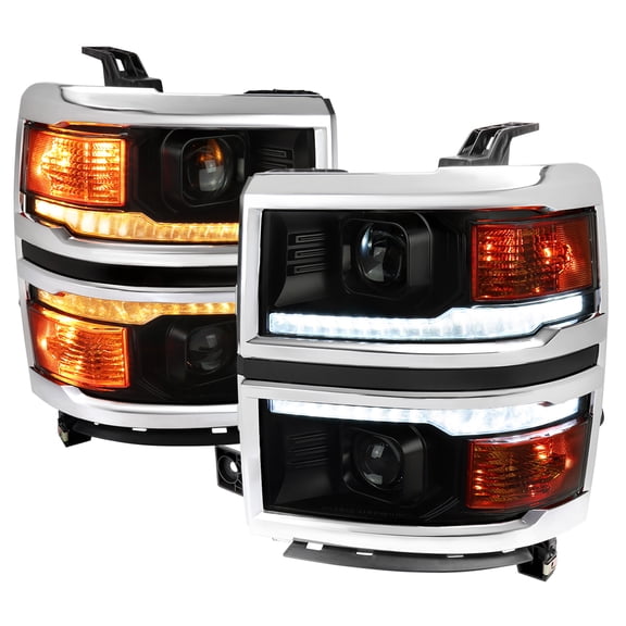 Switchback Sequential LED Bar Projector Headlights (Black Housing/Smoke Lens/Chrome Trim) Made for and Compatible with 2014-2015 Chevrolet Silverado 1500