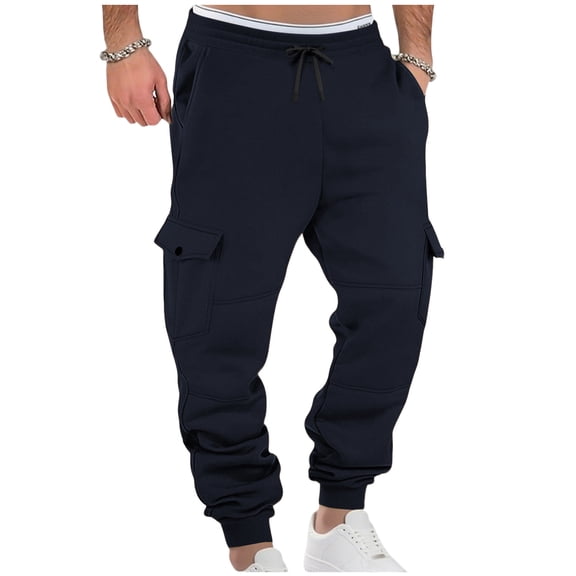 Men's Cotton Fleece Jogger Sweatpants with Multi Pockets Loose Casual Tapered Leg Sweat Pant Jogging Trouser (XL, Navy)