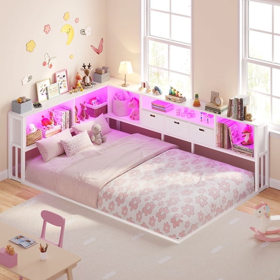 Plonmago Full Size Floor Bed with Storage Drawers and Bookcase Headboard, Full Corner Bed Frame with LED Lights, Metal Bed Frame with Storage,White
