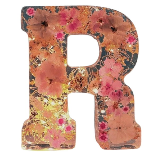 Lámpara nocturna decorativa de resina con letras y flores | Lámpara de mesa floral para dormitorio o habitación infantil | Decoración única para el hogar | Regalo artesanal para mujeres y niños