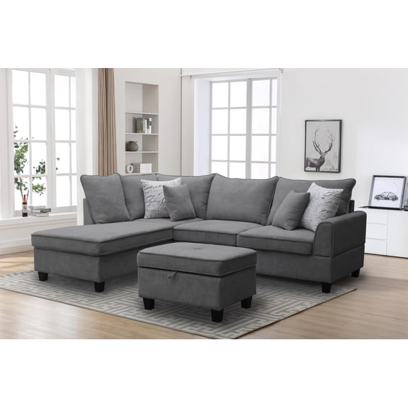 Harmony 99"W Gray Fabric Sectional Sofa w/Left-Facing Chaise & Storage Ottoman